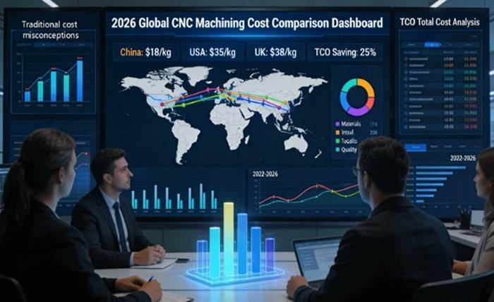 2026 CNC Machining Cost Comparison: A Data-Backed Guide to Optimizing Your Global Supply Chain 2026 global CNC machining cost comparison dashboard showing China $18/kg vs USA $35/kg vs UK $38/kg with total cost of ownership analysis