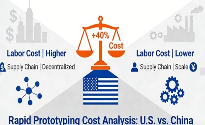 US vs. China Rapid Prototyping Services Comparison Tech Companies Save 40% on Costs and Accelerate Product Launch Infographic comparing a 40% cost difference in rapid prototyping services between U.S. and China, showing factors like supply chain and labor.